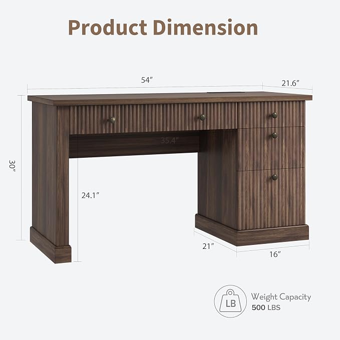 Garvee Fluted Home Office Desk Storage with File Drawers for Home Office | 54" Modern Executive Desk with Charging Station, Wooden Computer Writing Desk for, Study Room, Brown