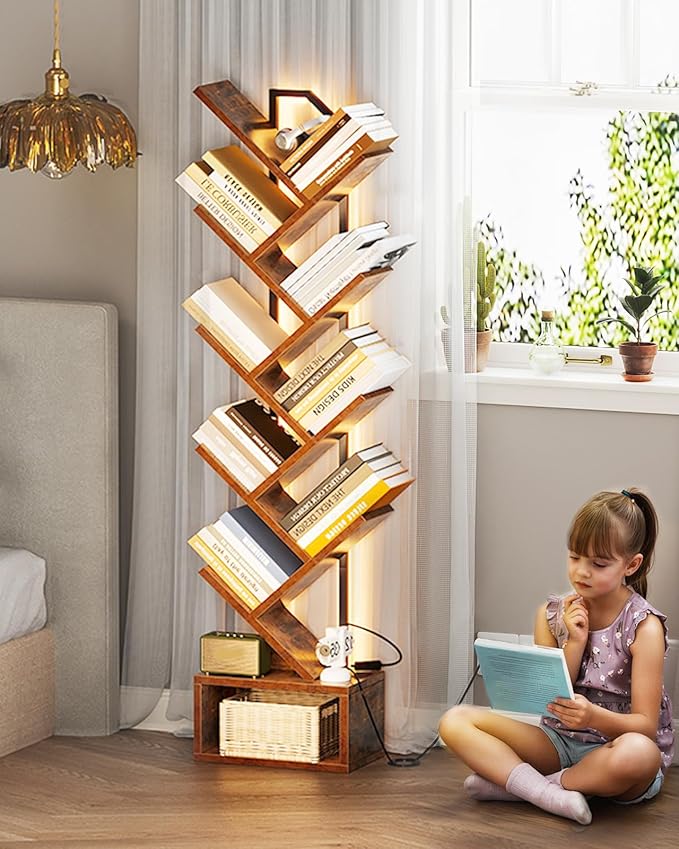 Casaottima Tree Bookshelf with LED Lights, 8-Tier Small Bookshelf, Vintage | Narrow Bookcase for Small Spaces, Steel & Wood Storage Shelf with Cabinet, Home Organizer for Living Room, Bedroom, Office