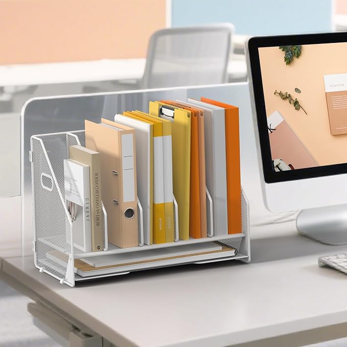 5 Vertical Mesh Desk Organizer with Paper Letter Tray, White | Sorting racks with lower letter tray section. Multipurpose mesh desktop space saver for home office and school