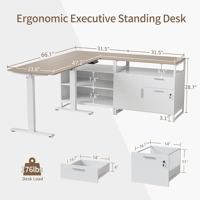 BANTI 66 Inches L Shaped Standing Desk with Drawers & Shelves, Executive Desk Adjustable Height Desk, Desk with Storage, Light Walnut Top/White Frame