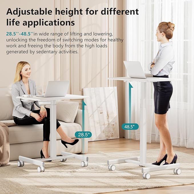 DUMOS Mobile Rolling Desk with Wheels Adjustable Height | Small Standing Desks Portable Laptop PC Table, Computer Workstation for Home Office Small Space, White