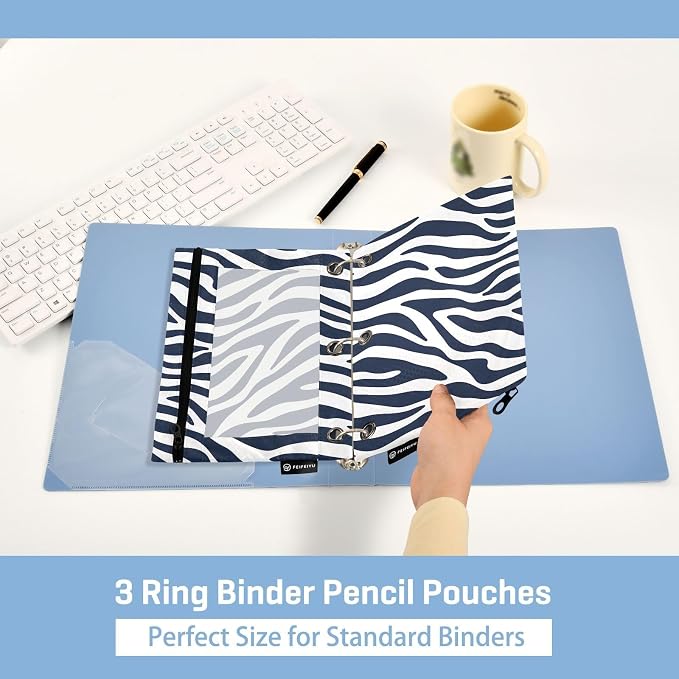 Blue White Zebra Print Pencil Pouch for 3 Ring Binder, 2 Pack Waterproof Pencil Bags Clear Window Pencil Case Zipper School Office Supplies