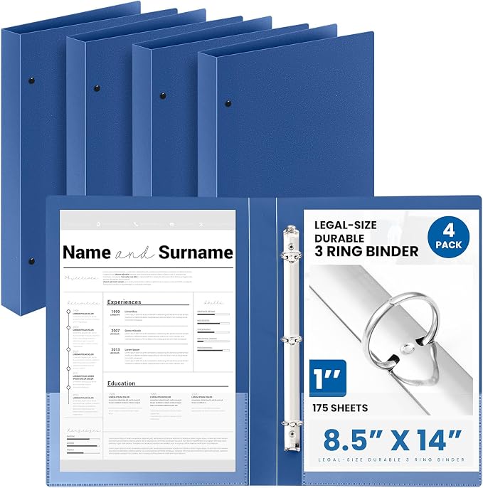 Henoyso 4 Pcs 8.5" x 14" Legal Size Binder 3 Ring 1" Navy Blue Binders | Hold up to 240 Sheets for Documents Artwork Blueprints, Office, Home, Work Places