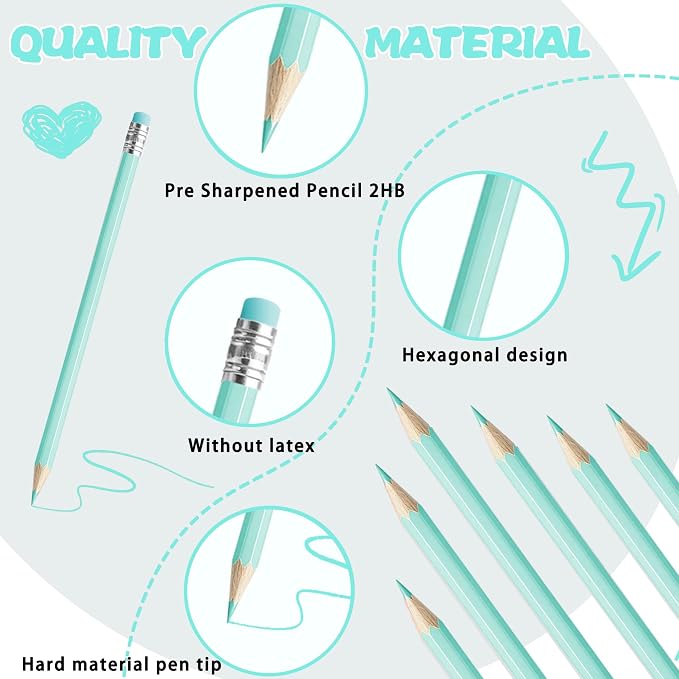 24PCS Macaron Blue Colored Pencils with Eraser Pre Sharpened Pencil 2 HB - Ideal for Checking, Grading, Tests & Office/School Supplies