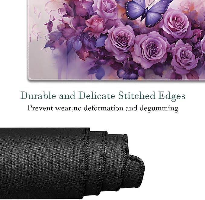 Extended Gaming Mouse Pad 31.5" x 11.8", with Edge Stitching, Non-Slip Rubber Base Keyboard Pad, Suitable for Work, Game, Office, Home and Coasters, Butterflies and Purple Roses