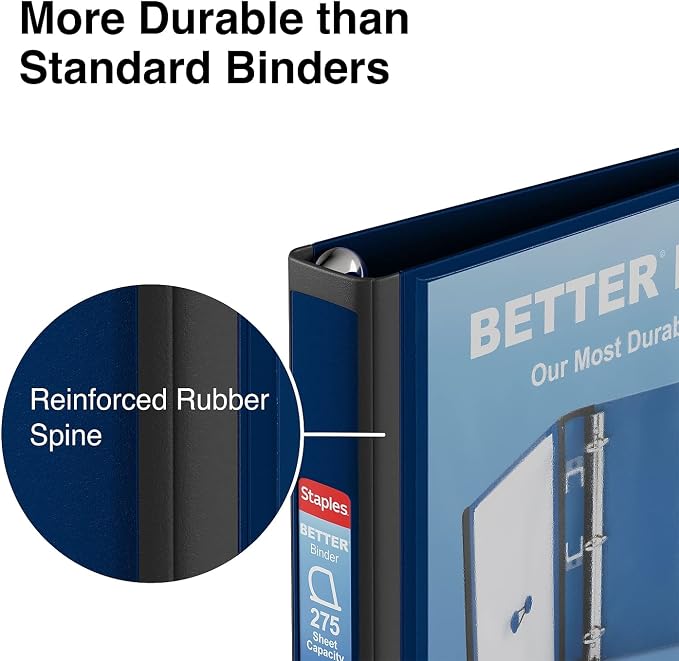 Staples Better View 1-Inch D-Ring Binder, Blue, Clear Overlay | Durable 3-ring binder for school and office document organization.