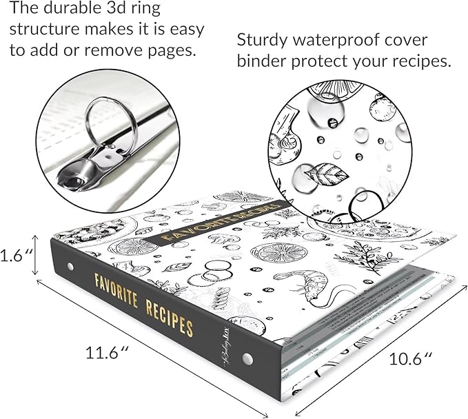 Recipe Binder with Plastic Sleeves, 8.5x11 3 Ring Blank Recipe Book Binder | Premium recipe binder kit with waterproof cover, sleeves, cards, dividers and gift box for preserving recipes-Grey Veggies.