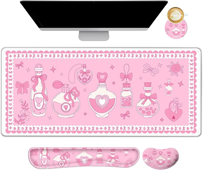 Desk Mat Pad, Gaming Mouse Pad Wrist Support Set, 4 in1 Non-Slip XXL Large Mousepad + Ergonomic Keyboard Wrist Rest+Mouse Wrist Rest+Coaster for Home Office Computer I Pink Kawaii Bow Bottle