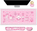 Desk Mat Pad, Gaming Mouse Pad Wrist Support Set, 4 in1 Non-Slip XXL Large Mousepad + Ergonomic Keyboard Wrist Rest+Mouse Wrist Rest+Coaster for Home Office Computer I Pink Kawaii Bow Bottle