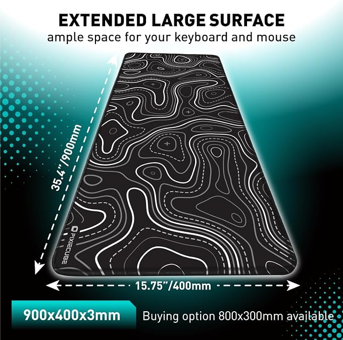 Pixiecube Minimalist Topographic Map Mouse Pad - Contour Extended Large Stitch Edge Mousepad. Black & White Non-Slip XXL Gaming Desk Mat