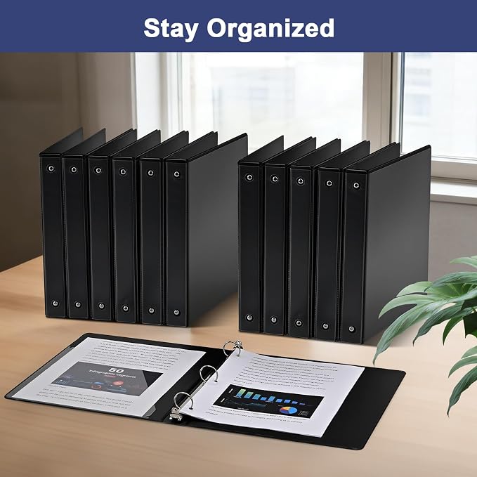 0.5-1-Inch 3-Ring-Binder with Pockets, Basic Binders 1-inch View Round Binders Holds US Letter Size 8.5'' x 11'' - Bundle Packs Perfect for Home, Office, and School (1'' - Black -12 Packs)
