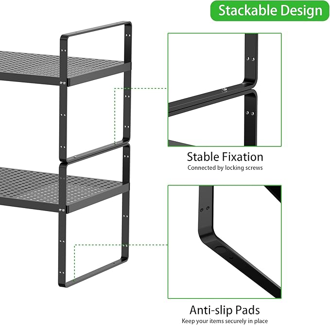 SOFRON Expandable Cabinet Storage Shelf Stackable Organizer Rack for Kitchen Bathroom Pantry Spice Cupboard Coffee Countertop Home Office Desk Heavy Duty Nonslip Black Small 3 Packs