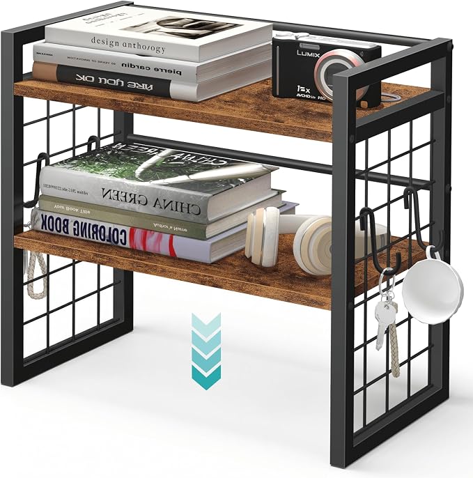 ELITEROO Desktop Shelf Organizer, 2 Tier Wood Desk Bookshelf, Rustic Brown | Desk Top Storage Rack for Office, Dorm, or Bedroom Decor, Small Tabletop Shelf for Books, Plants & Accessories