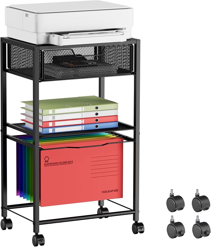 Cawukege 3 Tier Printer Stand, Small Mobile Table with Wheels, Printer Shelf Rolling Cart with Storage Desk Organizer Hanging File for Office Home, Black