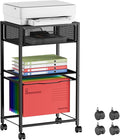 Cawukege 3 Tier Printer Stand, Small Mobile Table with Wheels, Printer Shelf Rolling Cart with Storage Desk Organizer Hanging File for Office Home, Black