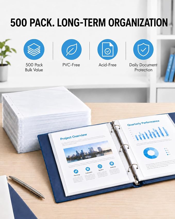 KTRIO Sheet Protectors for 3 Ring Binder 500 Pack, Plastic Sleeves 8.5 x 11 | Clear Page Protectors, Acid-Free Plastic, Fits Letter Size Paper Documents, Top Loading, Business Office School Supplies