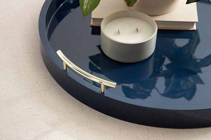 Kate And Laurel Lipton Modern Round Ottoman Tray; 22 Inch Diameter; Navy and Gold; Decorative Circle Coffee Table Tray for Living Room Decor or Large Serving Tray