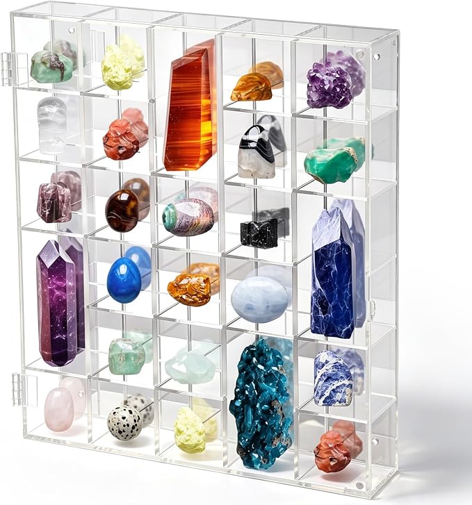 Cinnvoice Rock Display Case 30 Grids,Transparent Border,Square | Adjustable Acrylic Display Case, Crystal Organizer for Collectible, with Built-in Mirrored, Magnetic Door, Wall Mount