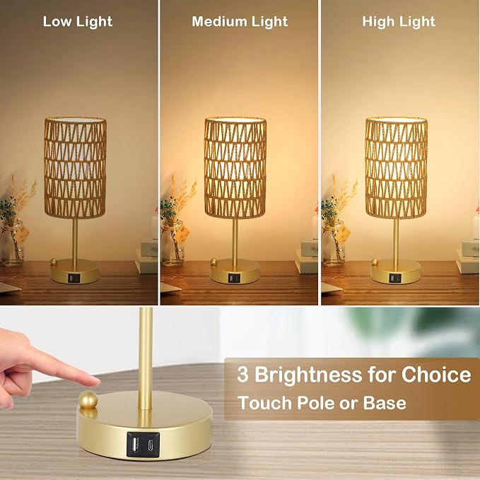 Gold Bedside Lamps Set of 2, Touch Control Night Stand Lamp for Bedroom with Rattan & Linen Shade & Bulbs, 3 Way Dimmable Small Boho Table Lamps with USB Charging Port & Phone Stand