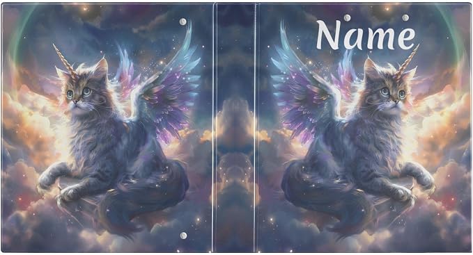 Custom 3 Ring Binder Unicorn Cat with Wings 1.5" Round Ring Binders Personalized Name View Binder with 200 Sheet for Women Men Office Kids School Supplies, 1 Pack