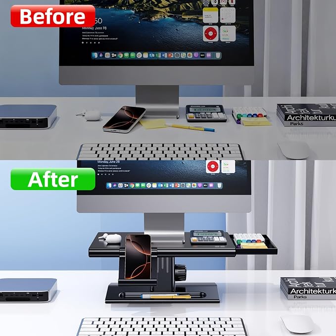 Computer Monitor Stand Riser for Desk,5.7-6.5 Inches Height Adjustable with Storage Drawer & Phone Holder,Workspace Desktop Organizer Monitor Stands Risers Shelf for Computer,Laptop,Printer,TV