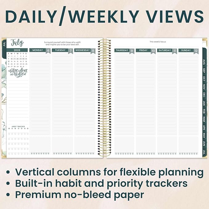 bloom daily planners 2026-2027 Hardcover Academic Year Goal & Vision Planner (July 2026 - July 2027) - 13 Months Agenda - Monthly & Weekly Calendar Organizer - 7.5" x 9" - Eucalyptus, White