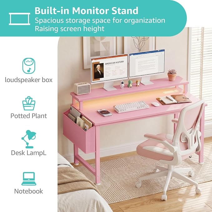 Lufeiya Small Girls Desk with Power Outlets and LED Lights, 32 Inch Gaming Desk Table with Charging Station, Home Office Computer Desks with Monitor, Pink