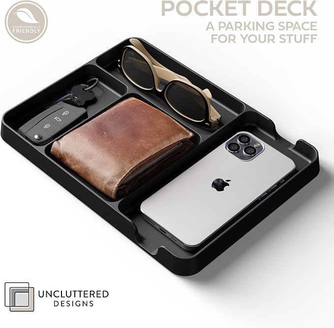 Pocket Deck Valet Tray (Black) for Men. Everyday Carry EDC Caddy Bamboo Organizer. Perfect for Night Stand, Bedside, Dresser, Desk, Office, Bedroom. with Phone Charger. Storage Slots for Wallet, Keys