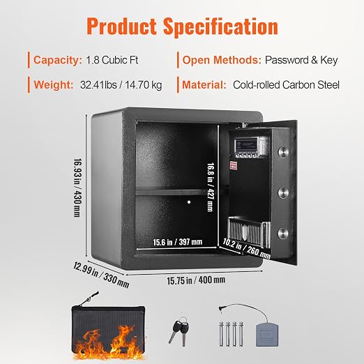 VEVOR Safe Box with Digital Keypad and 2 Keys, 1.8 Cubic Feet Home Safe, Steel Security Cabinet, with Fire-proof Bag, Protect Cash, Gold, Jewelry, for Home, Hotel,15.8"Wx13"Dx16.9"H