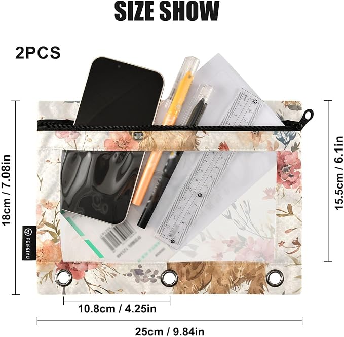 Cute Highland Cows Flowers Pencil Pouch for 3 Ring Binder, 2 Pack Waterproof Pencil Bags Clear Window Pencil Case Zipper School Office Supplies