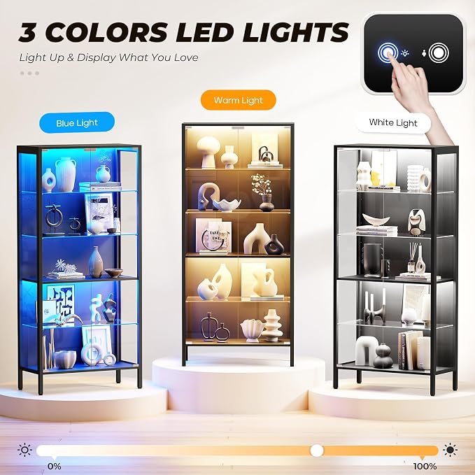 Glass Display Cabinet, 5-Tier Display Case with Adjustable Glass Shelves, Metal Curio Cabinet with 3 Color Lights for Collectibles, Bookcase with Human Body Sensor, Black