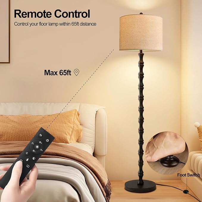 Wood Floor Lamps for Living Room Rattan Floor Lamp with Remote Control& 3 Color Temperature,Dimmable Rustic Floor Lamp Black Mid Century Modern Standing Lamp Tall Farmhouse Floor Lamp For Bedroom