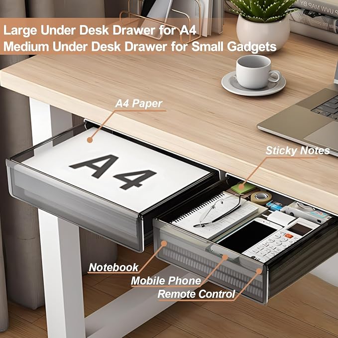 SVNNELP Under Desk Table Drawer Storage Organizer,2 Pack Large & Medium Slide Out Desk Drawers - Hidden Desktop Organizer,Attachable Pencil Storage Tray Under Table(ML)