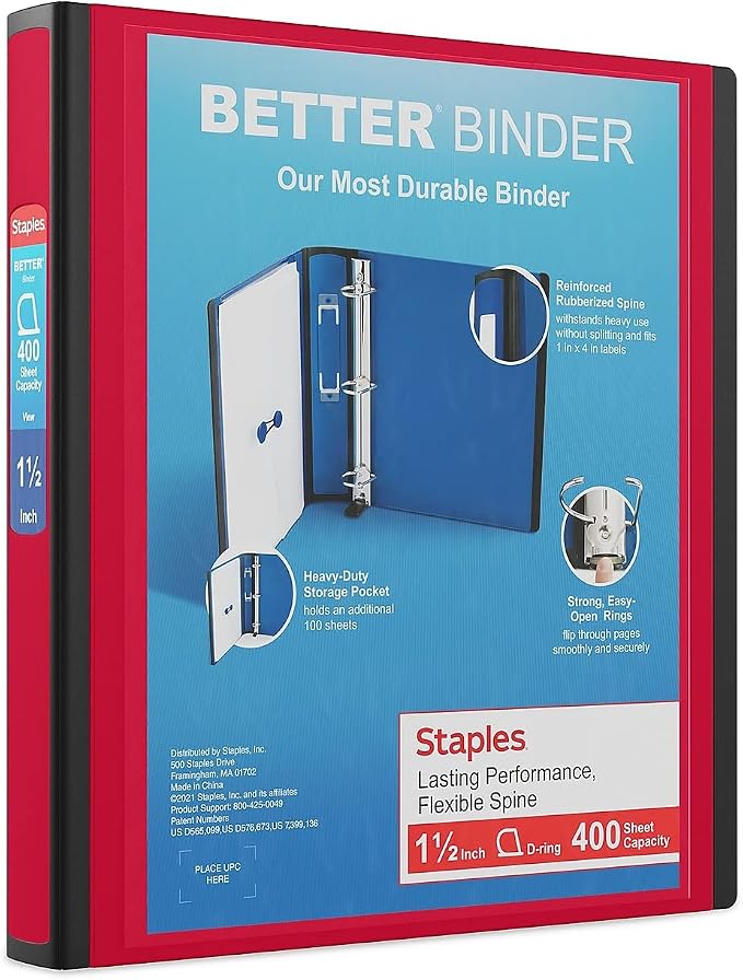 Staples Better Binder, 1.5-Inch D-Ring View, Red, Holds 350 Sheets | Reinforced spine for durable everyday use in office and school settings.