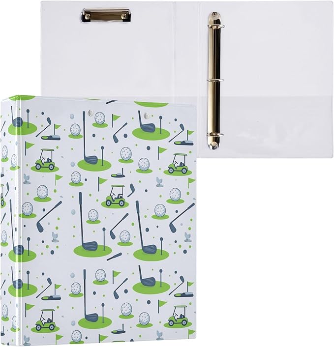 Golf White Round Ring Binders 1.5 Inch Sports Ball 3 Ring Clipboard Binder for Office School Work Supplies File Folder 200 Sheet Capacity