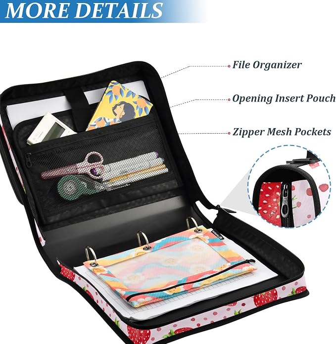 Strawberry Polka Dot Red Zipper Binder with Shoulder Strap Bag 3 Ring Binder Organizer Large Capacity Multiple Compartments for School Office