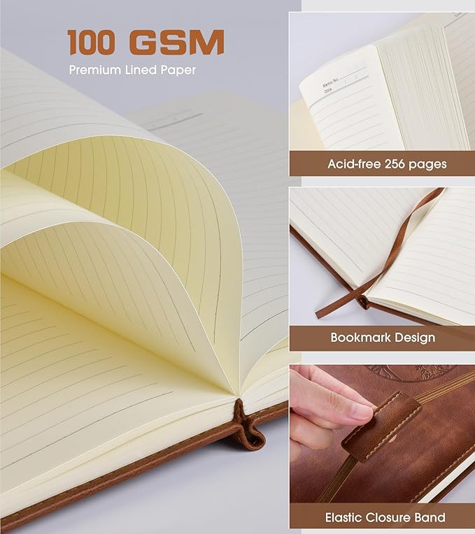 Biuwory Lined Journal Notebook for Women Men,256 Pages A4 Large Hardcover Leather Journals for Writing,Travel,Business,Work,School,College Ruled Notebooks for Note Taking, Diary Notepad 8.6"×11"
