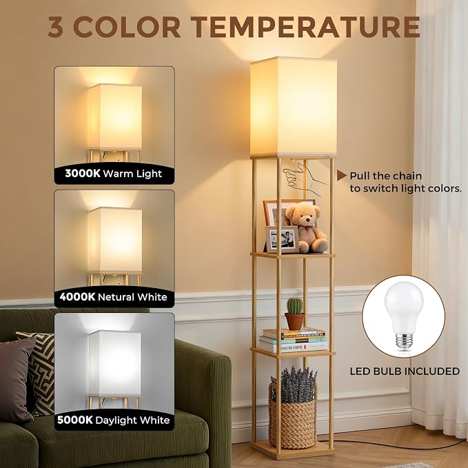 Floor Lamp with Shelves, 3-Tier Modern Square Bookshelf Standing Lamp Wood | 3 Color Temperature Bulb Included, Pull Chain Tall Lamp for Living Room Bedroom Corner Office Apartment Decor