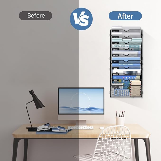 10-Tier Wall File Organizer and Hanging File Organizer, Black, 2Pack | Wall Organizer and Wall Mounted File Holder with 10 Pockets and Label Panels for Files, Mail, Folders, Magazines and Paper