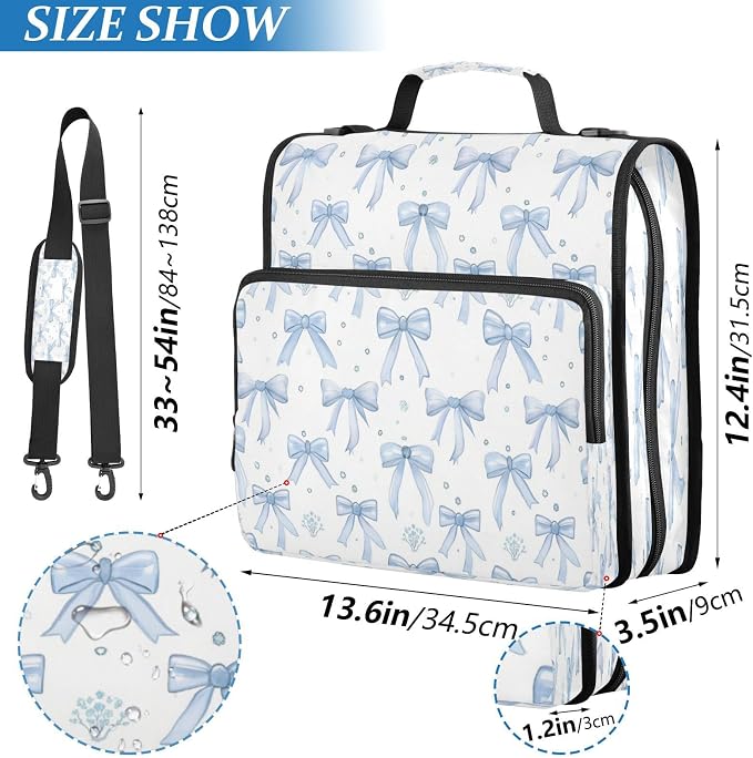 Blue Bows Zipper Binder for School with Shoulder Strap & Extra Pockets - 1.5 Inch 3-Ring Binder Holds 500+ Sheets, Textbooks, Laptop
