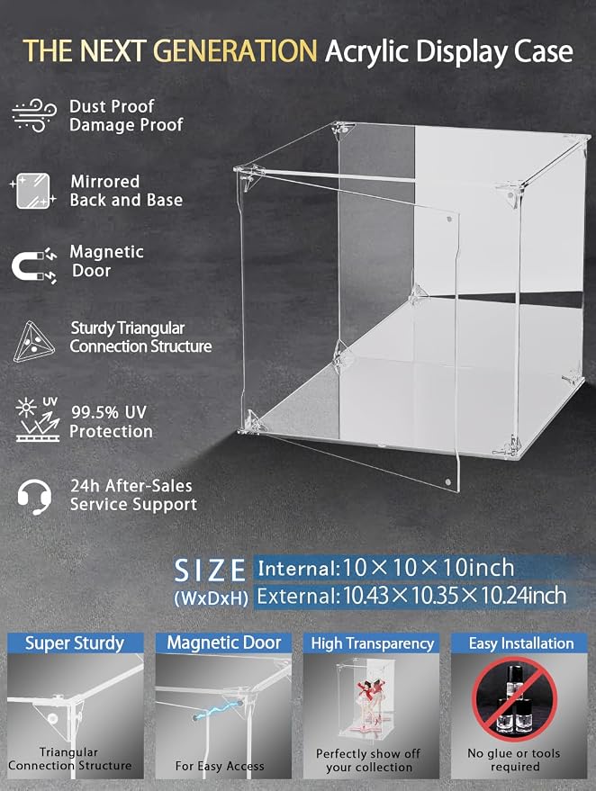 Clear Acrylic Display Case with Mirrored Back and Base, UV Protected Acrylic Box with Magnetic Door, Dustproof Display Box Showcase for Collectibles, Figures, Models, Toys (10x10x10inch)
