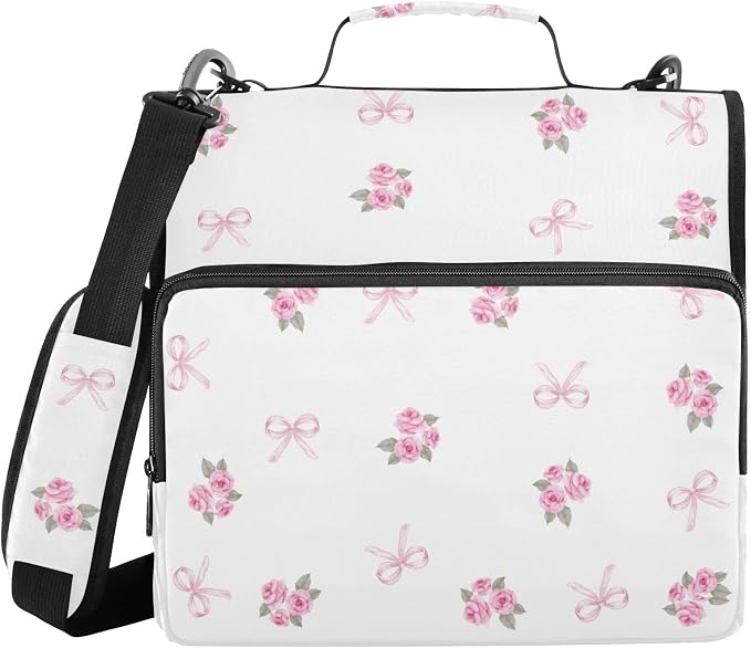 Pink Rose Ribbons Leaves Zipper Binder with Shoulder Strap Trapper Keeper 3 Ring Binder Organizer Large Capacity Multiple Compartments for School Office