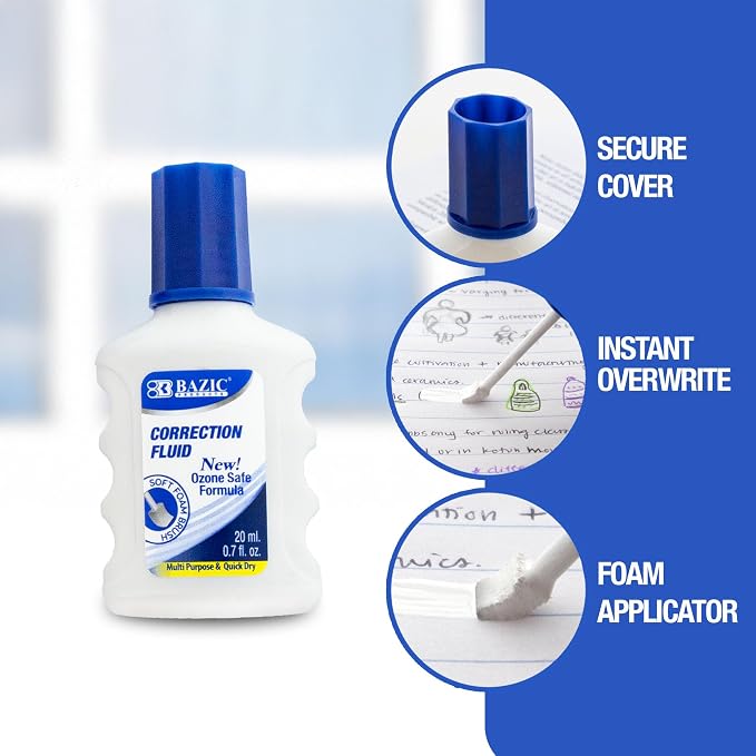 BAZIC Products Correction Fluid w/Foam Brush, Fast-Dry White, 20mL