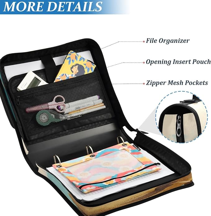 ALAZA Zipper Binder 3 Ring Cartoon Capybara Binder Organizer with Zipper and Shoulder Strap Large Capacity Multi-Pocket Trapper Keeper File Folder for Office Supplies