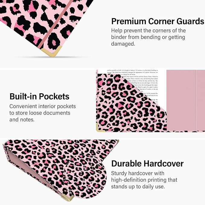 3 Ring Binder 3 Inch, Cute Round Ring Binder with 6 Tab Dividers & Label Stickers, Low Profile Clipboard with Storage, Fashion Binder for School Office Supplies (Pink Leopard)