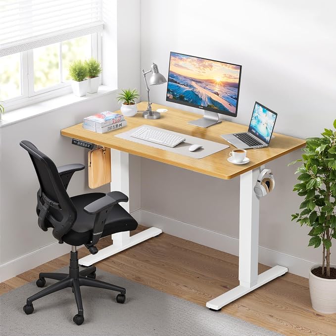 55 x 24 in Electric Standing Desk - Memory Height Adjustable | Ergonomic Sit-to-Stand Rising Computer Table Gaming Workstations with 2 Hooks and Wire Hole for Home Office, Natural