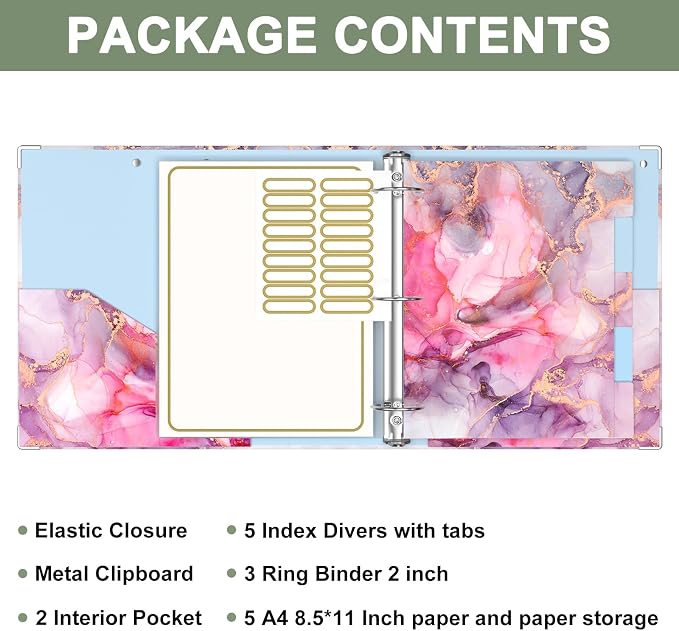 Rouidr 3 Ring Binder, 2 Inch Round Ring Binder Organizer with Clipboard, 5 Dividers Tabs, A4 8.5 x 11 Inch Paper & Clear Sleeves for School, Office Supplies, Red Marble