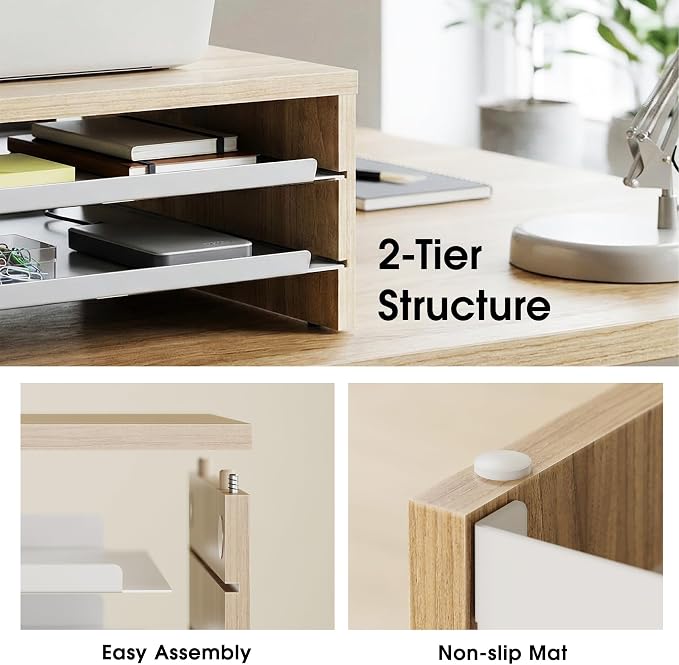 Fenge 14.3-Inch Monitor Stand with Slide-Out Trays, Wood & Metal Desk Shelf | 3-Tier Space-Saving Desk Storage Organizer, Fits Computer, Laptop, Printer and Telephone