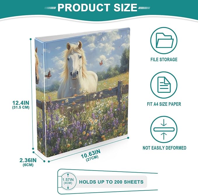 3 Ring Binder Horse Lavender White 1.5 inch Binders Three Ring Binders with Clipboard Fit 8.5'' x 11'' Paper 3 Interior PVC Clear Pockets for Office Supplies