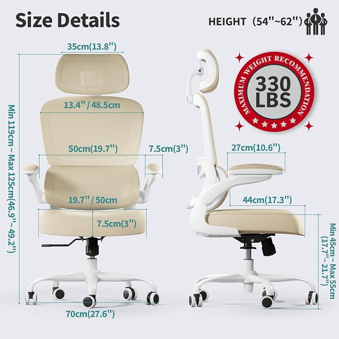 TRALT Office Chair Ergonomic Desk Chair - Gaming Chair with Lumbar Support | 330 LBS Home Office Desk Chairs with Headrest, Reading Chair with Flip-up Armrests, Comfortable Computer Chairs (1, Beige)